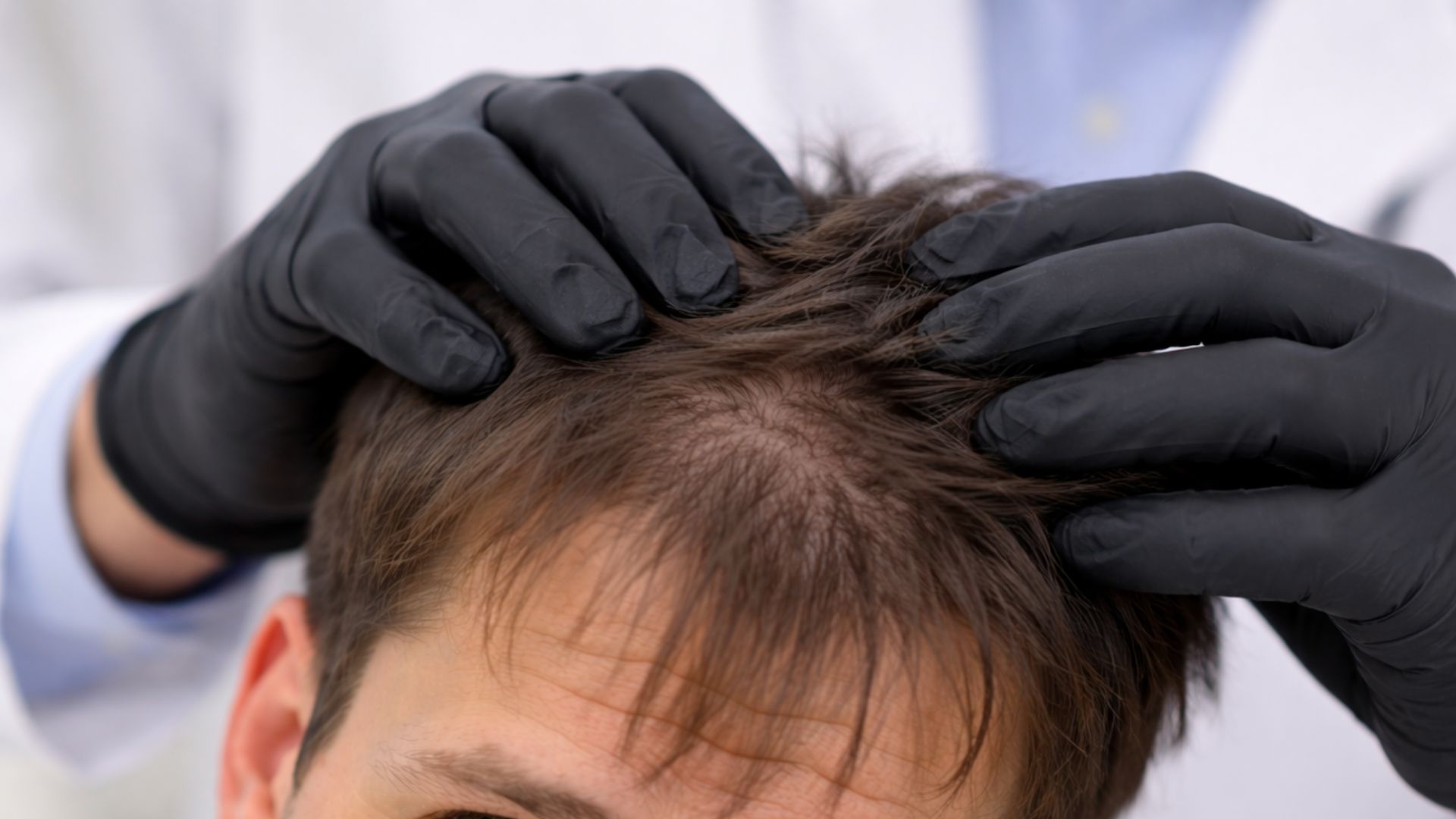 גבר עם שיער דליל יושב מול מומחה לאבחון שיער מקצועי בשגב קליניק,