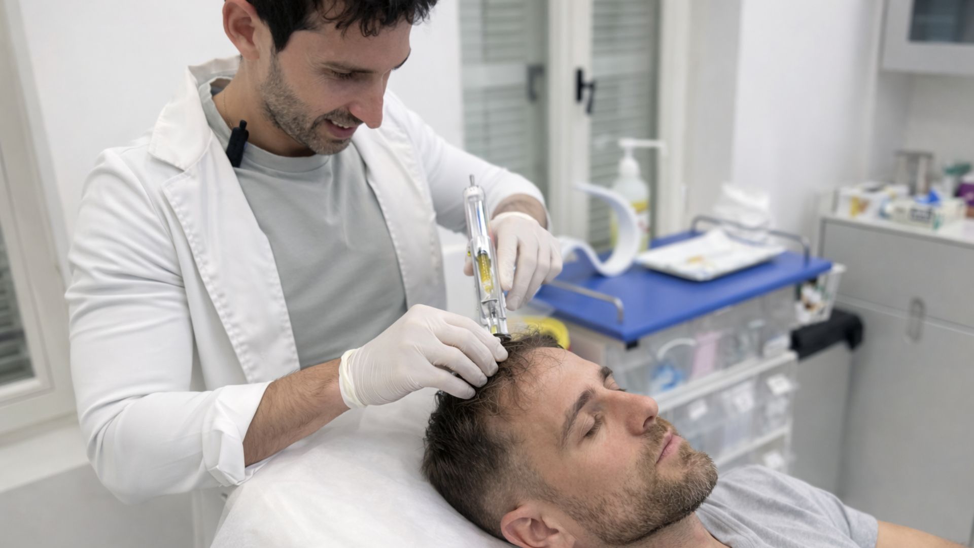 הליך רפואי: ידיים בכפפות רפואיות מזריקות בעדינות את חומר ה-CGF (Concentrated Growth Factors) לקרקפת של גבר. ברקע המטושטש ניתן לראות את מכשיר הזיקוק המבודד את פקטורי הגדילה ותאי הגזע.