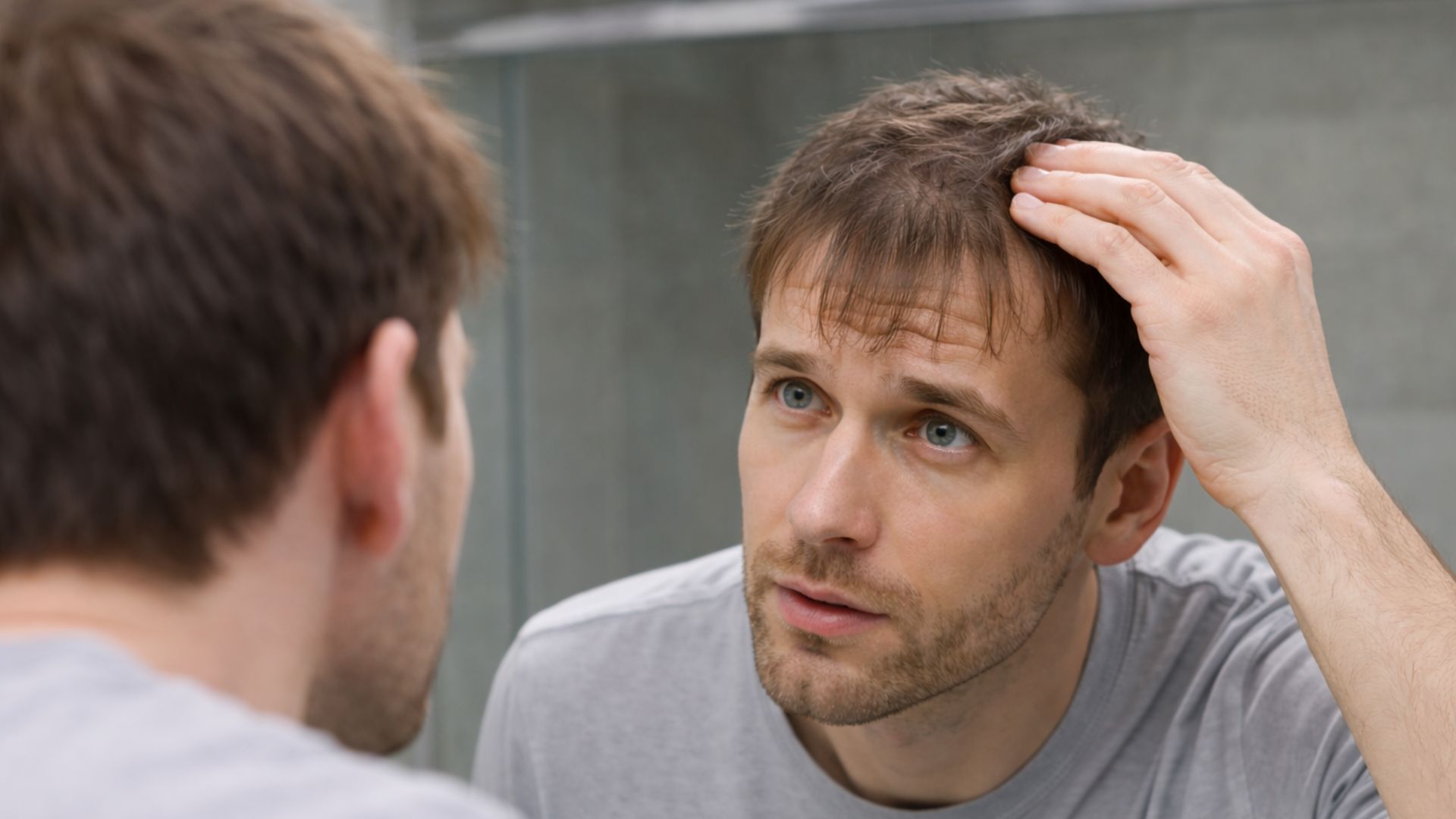 גבר ישראלי צעיר מזהה דילול שיער קל במפרצים מול המראה, רגע לפני אבחון וחיזוק שיער לגברים בשגב קליניק.